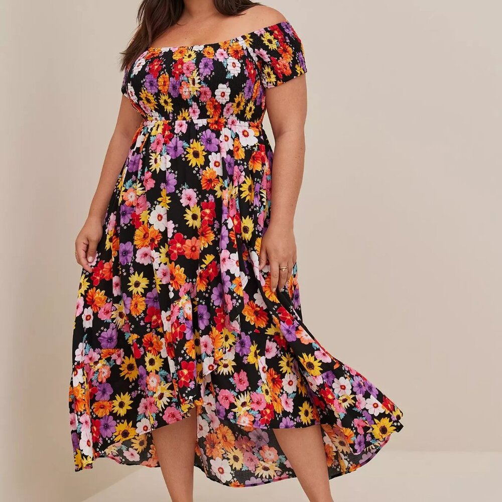 NWT Torrid Floral Print Rainbow Colorful Maxi Challis Off-Shoulder Smocked Dress